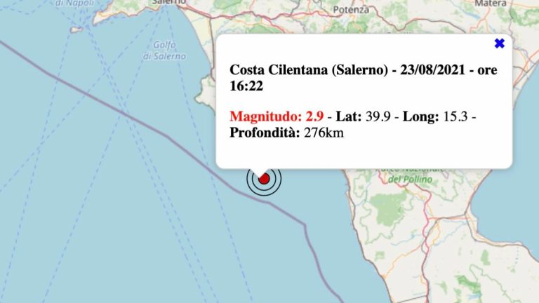 Terremoto in Campania oggi, lunedì 23 agosto 2021: scossa M 2.9 Costa Cilentana | Dati INGV