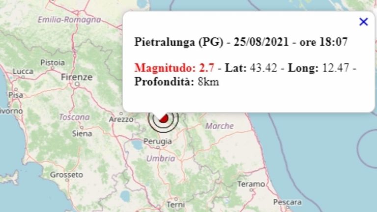 Terremoto in Umbria oggi, 25 agosto 2021, scossa M 2.7 in provincia di Perugia – Dati Ingv