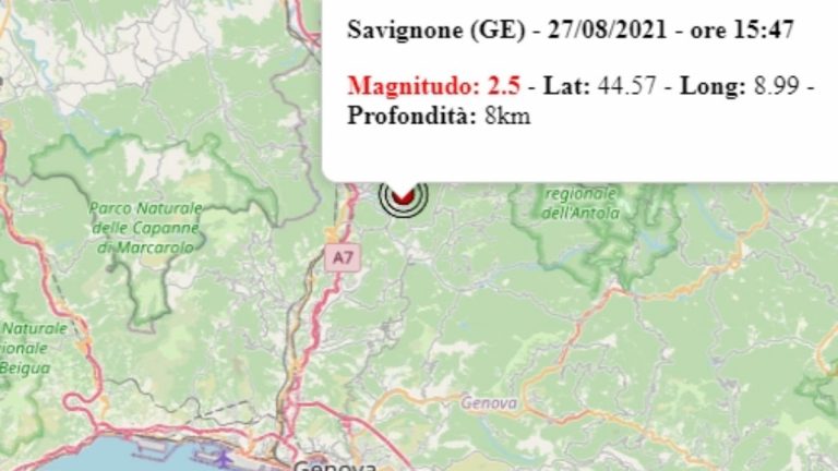 Terremoto in Liguria oggi, 27 agosto 2021, scossa M 2.5 in provincia di Genova – Dati Ingv