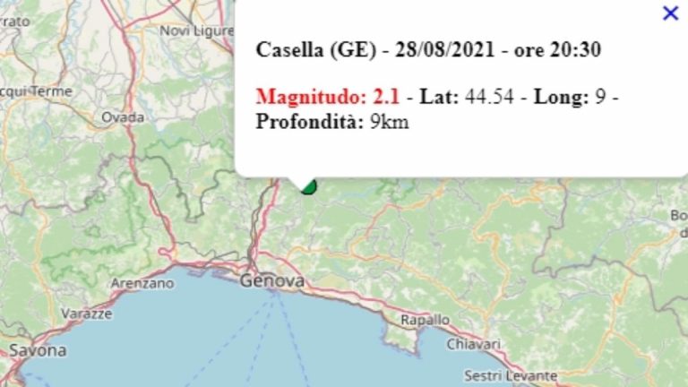 Terremoto in Liguria oggi, 28 agosto 2021, scossa M 2.1 in provincia di Genova – Dati Ingv Terremoto in Liguria oggi, 28 agosto 2021, scossa M 2.1 in provincia di Genova – Dati Ingv