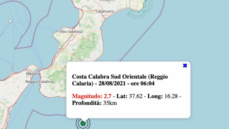 Terremoto oggi Calabria, sabato 28 agosto 2021: scossa M 2.7 sulla Costa Calabrese – Dati INGV