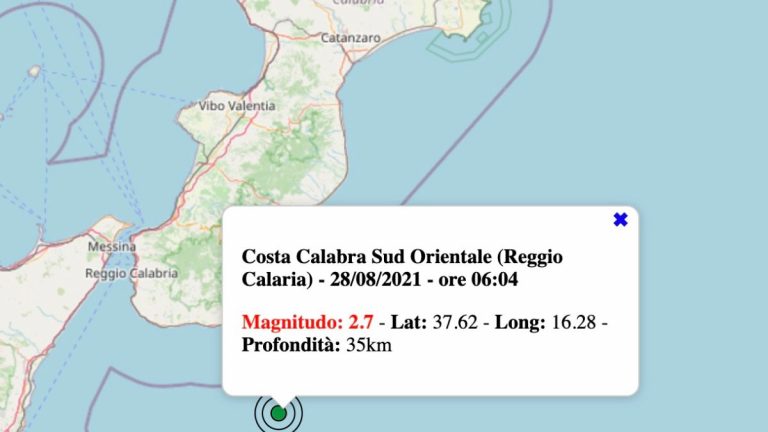 Terremoto oggi Calabria, sabato 28 agosto 2021: scossa M 2.7 sulla Costa Calabrese – Dati INGV Terremoto oggi Calabria, sabato 28 agosto 2021: scossa M 2.7 sulla Costa Calabrese – Dati INGV