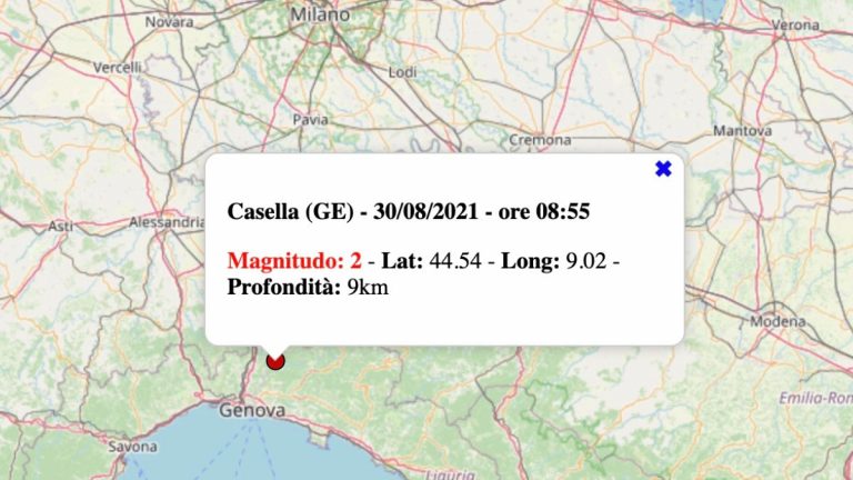 Terremoto oggi in Liguria, lunedì 30 agosto 2021: scossa M 2.0 in provincia Genova | Dati INGV