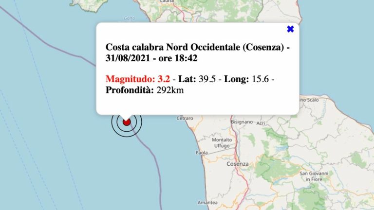 Terremoto in Calabria oggi, martedì 31 agosto 2021: scossa M 3.2 Costa Calabra | Dati INGV
