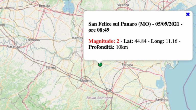 Terremoto in Emilia-Romagna oggi, domenica 5 settembre 2021: scossa M 2.0 in provincia Modena | Dati INGV