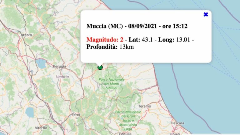 Terremoto nelle Marche oggi, mercoledì 8 settembre 2021: scossa M 2.3 in provincia di Macerata | Dati INGV