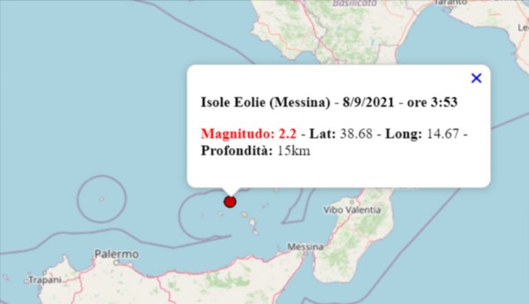 Terremoto oggi Sicilia, 8 settembre 2021: scossa M 2.2 alle Isole Eolie – Dati INGV