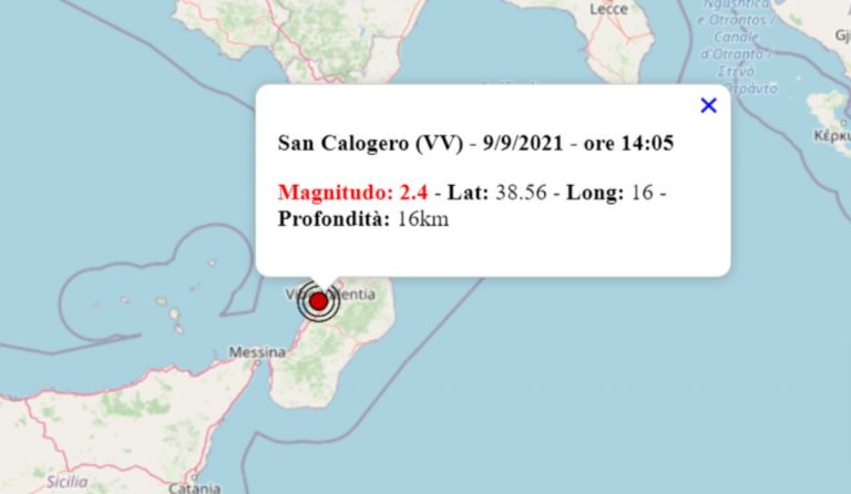 Terremoto oggi in Calabria, 9 settembre 2021: scossa M 2.4 in provincia Vibo Valentia – Dati INGV