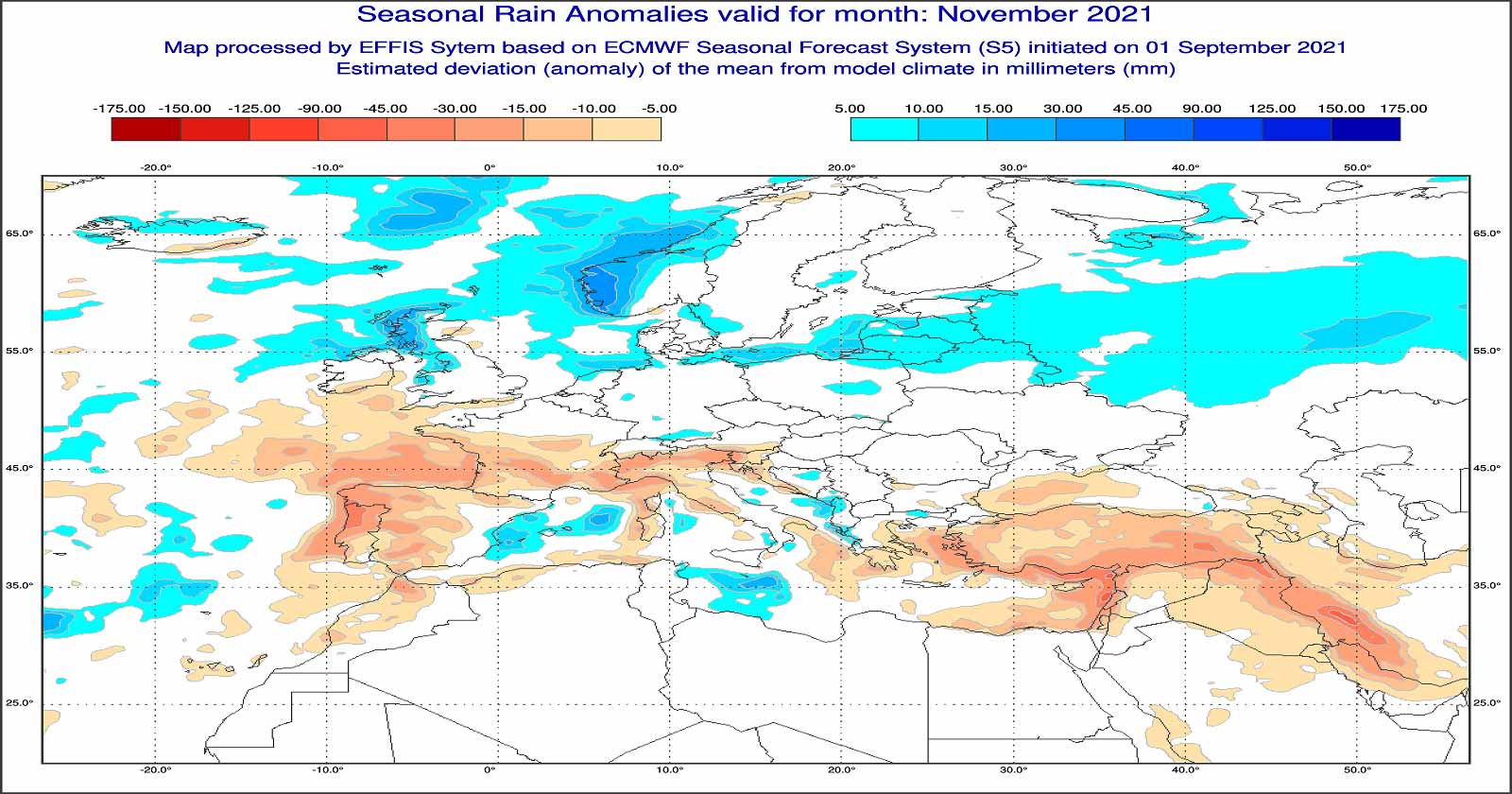 Anomalie di precipitazione previste dal modello ECMWF per novembre 2021 - effis.jrc.ec.europa.eu