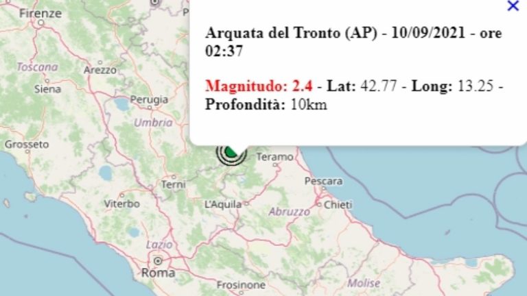 Terremoto nelle Marche oggi, 10 settembre 2021, scossa M 2.4 in provincia di Ascoli Piceno | Dati Ingv