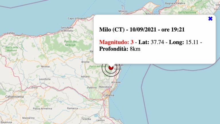 Terremoto in Sicilia oggi, venerdì 10 settembre 2021: scossa M 3.0 in provincia di Catania | Dati INGV