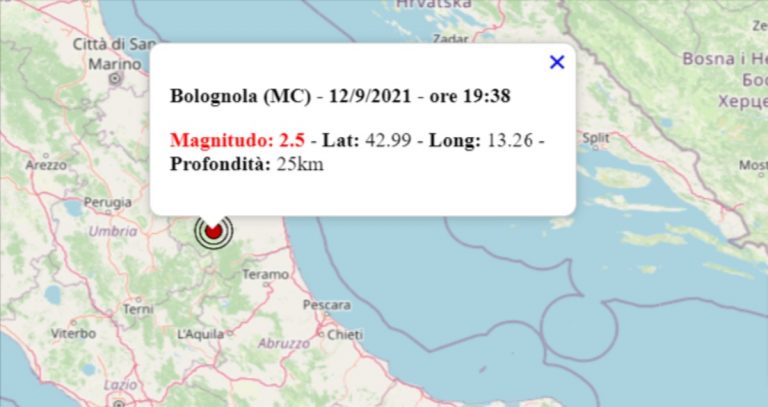 Terremoto oggi nelle Marche, 12 settembre 2021: in serata scossa M 2.5 in provincia di Macerata