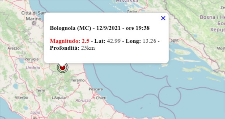 Terremoto oggi nelle Marche, 12 settembre 2021: in serata scossa M 2.5 in provincia di Macerata Terremoto oggi nelle Marche, 12 settembre 2021: in serata scossa M 2.5 in provincia di Macerata