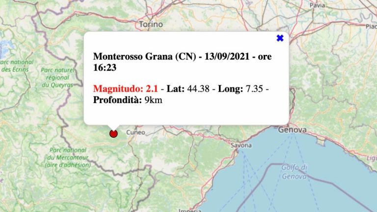 Terremoto in Piemonte oggi, lunedì 13 settembre 2021: scossa M 2.1 in provincia Cuneo | Dati INGV