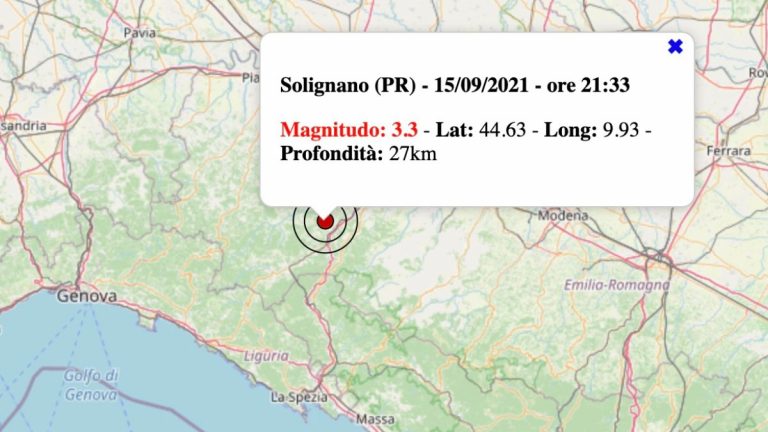 Terremoto in Emilia-Romagna oggi, mercoledì 15 settembre 2021: scossa M 3.3 in provincia di Parma | Dati INGV