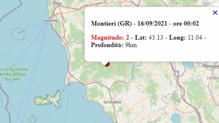 Terremoto in Toscana oggi, giovedì 16 settembre 2021, scossa M 2.0 in provincia Grosseto – Dati Ingv