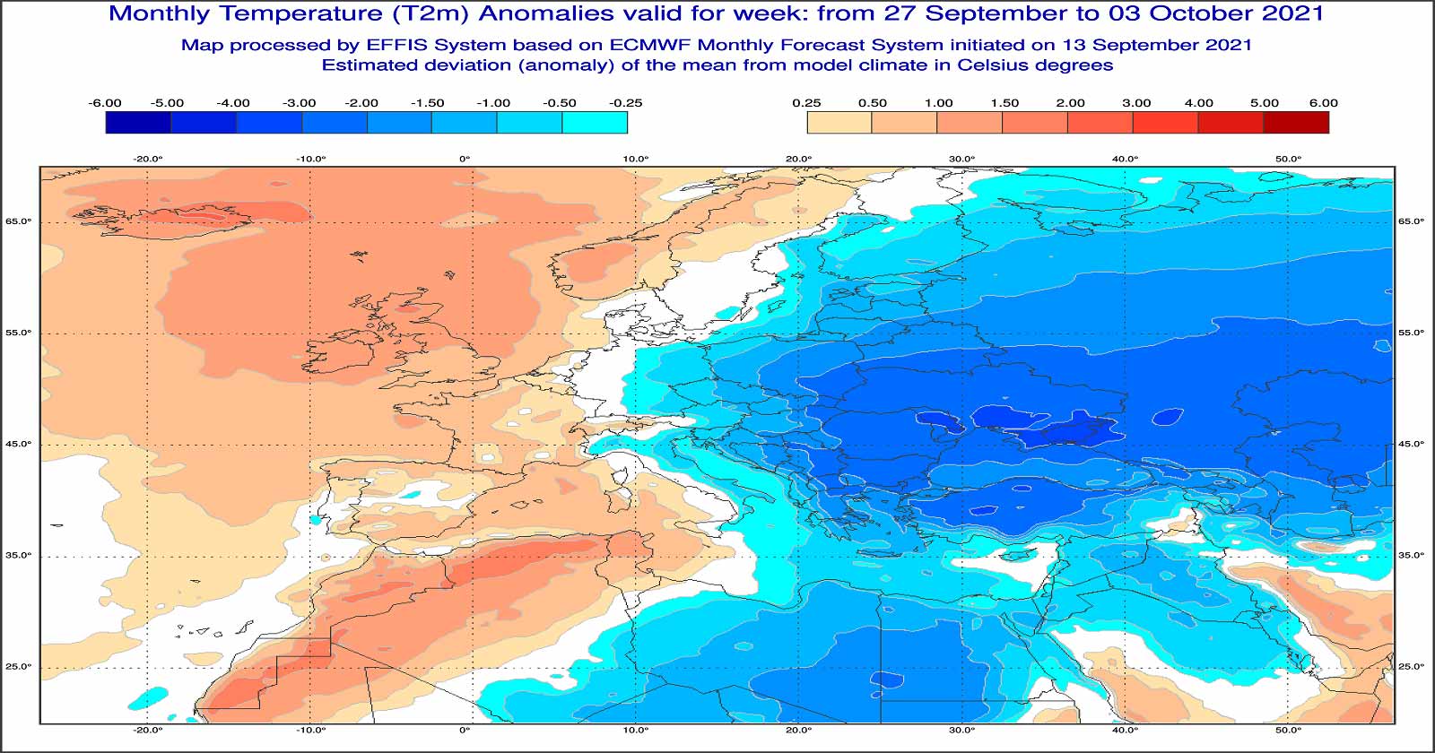 Anomalie di temperatura previste tra il 27 settembre e il 3 ottobre - effis.jrc.ec.europa.eu