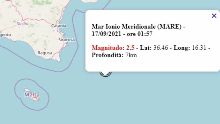 Terremoto in Italia oggi, 17 settembre 2021, scossa M 2.5 sul mar Ionio | Dati Ingv