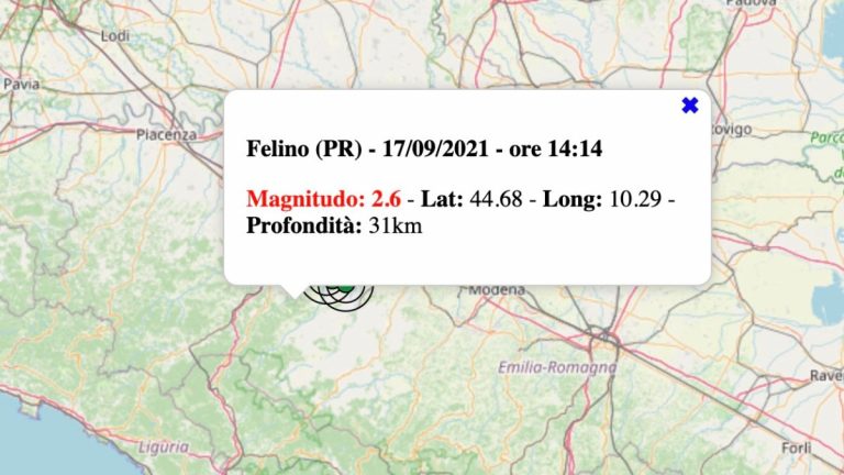 Terremoto in Emilia-Romagna oggi, venerdì 17 settembre 2021: scossa M 2.6 in provincia di Parma | Dati INGV