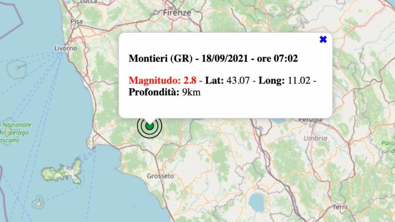 Terremoto in Toscana oggi, sabato 18 settembre 2021: scossa M 2.8 in provincia di Grosseto | Dati INGV