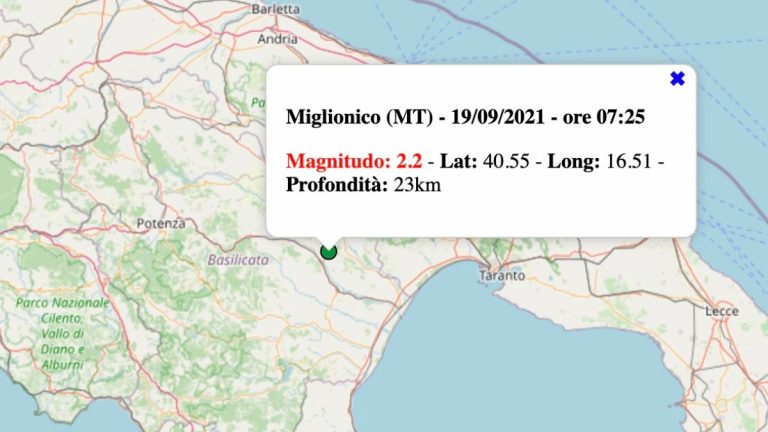 Terremoto in Basilicata oggi, 19 settembre 2021: scossa M 2.2 in provincia Matera | Dati INGV