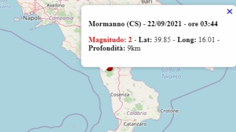 Terremoto in Calabria oggi, mercoledì 22 settembre 2021, scossa M 2.0 in provincia di Cosenza | Dati Ingv