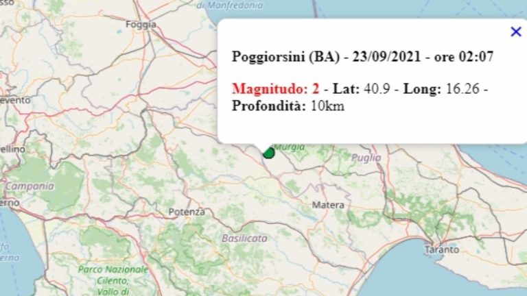 Terremoto in Puglia oggi, 23 settembre 2021, scossa M 2.0 in provincia Bari | Dati Ingv