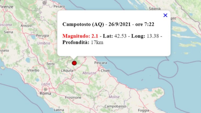 Terremoto oggi Abruzzo, 26 settembre 2021: scossa M 2.1 registrata in provincia dell’Aquila – Dati INGV