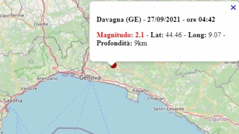 Terremoto in Liguria oggi, 27 settembre 2021, scossa M 2.1 in provincia Genova | Dati Ingv