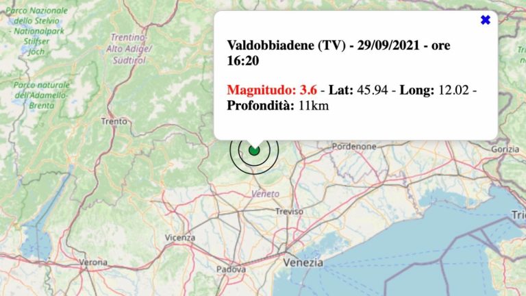 Terremoto in Veneto oggi, mercoledì 29 settembre 2021: scossa M 3.6 in provincia di Treviso | Dati Ingv