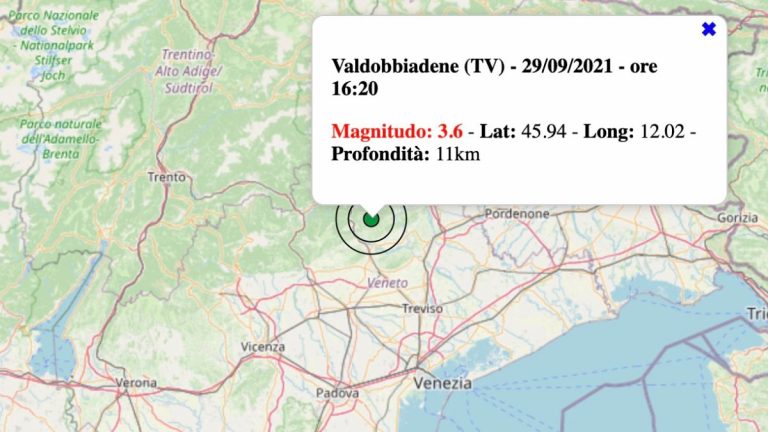 Terremoto in Veneto oggi, mercoledì 29 settembre 2021: scossa M 3.6 in provincia di Treviso | Dati Ingv Terremoto in Veneto oggi, mercoledì 29 settembre 2021: scossa M 3.6 in provincia di Treviso | Dati Ingv