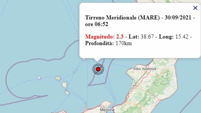 Terremoto in Italia oggi, 30 settembre 2021, scossa M 2.3 sul Tirreno meridionale | Dati Ingv