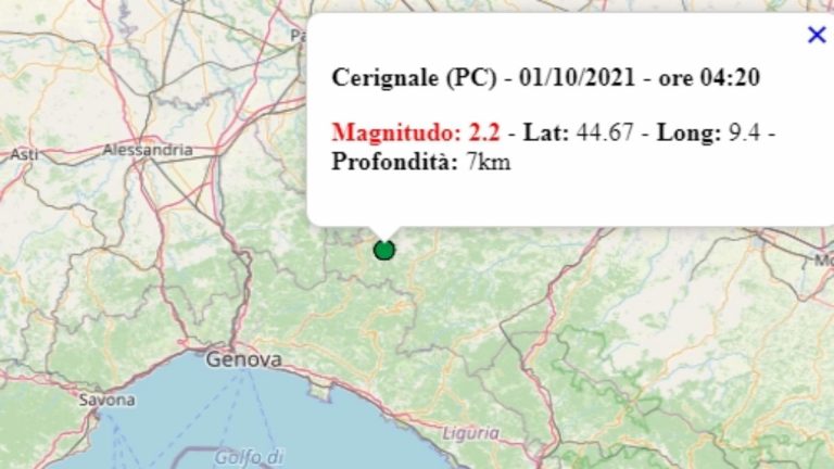 Terremoto in Emilia Romagna oggi, 1 ottobre 2021, scossa M 2.2 in provincia di Piacenza | Dati Ingv