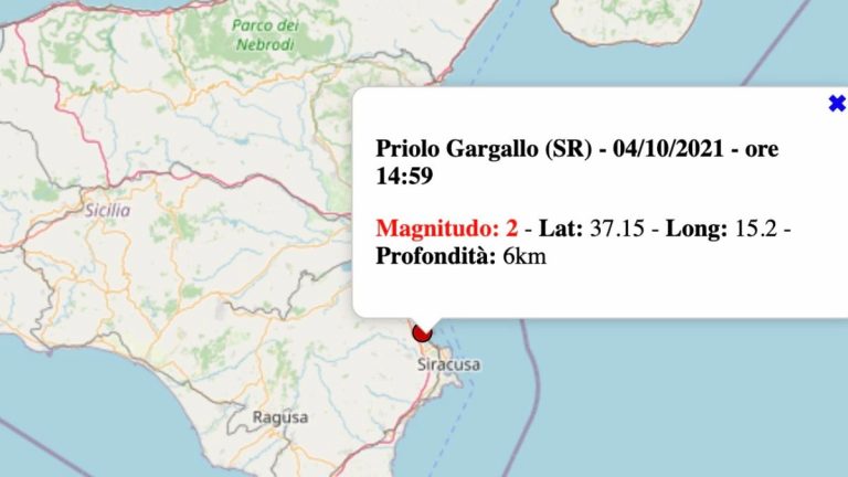 Terremoto in Sicilia oggi, lunedì 4 ottobre 2021: scossa M 2.0 in provincia di Siracusa | Dati INGV Terremoto in Sicilia oggi, lunedì 4 ottobre 2021: scossa M 2.0 in provincia di Siracusa | Dati INGV