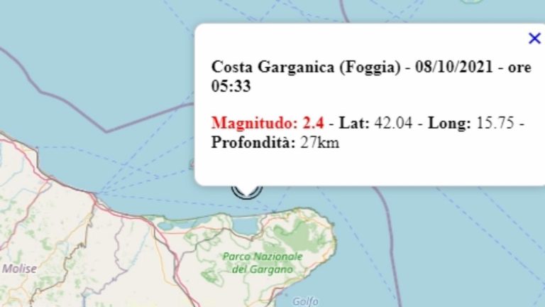 Terremoto in Puglia oggi, venerdì 8 ottobre 2021, scossa M 2.4 in provincia di Foggia | Dati Ingv