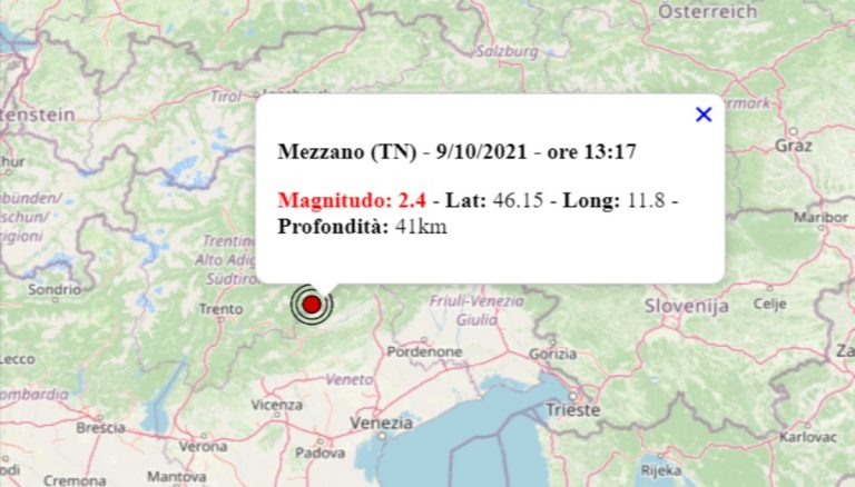 Terremoto oggi in Trentino Alto Adige, 9 ottobre 2021: scossa M 2.4 in provincia di Trento | Dati INGV