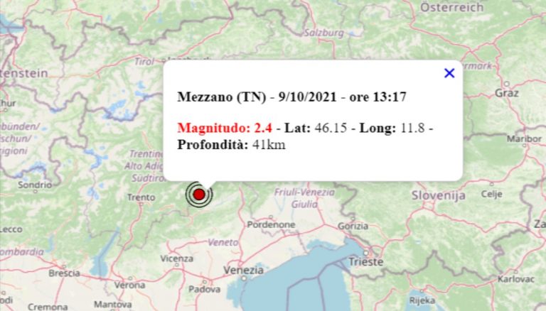 Terremoto oggi in Trentino Alto Adige, 9 ottobre 2021: scossa M 2.4 in provincia di Trento | Dati INGV Terremoto oggi in Trentino Alto Adige, 9 ottobre 2021: scossa M 2.4 in provincia di Trento | Dati INGV