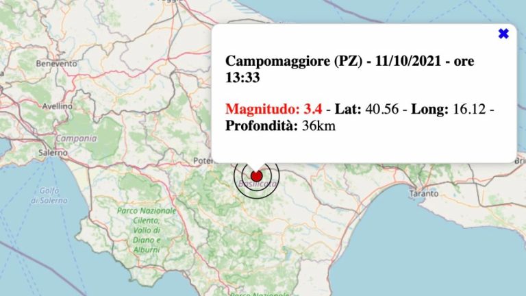 Terremoto in Basilicata oggi, lunedì 11 ottobre 2021: scossa M 3.4 in provincia di Potenza | Dati INGV