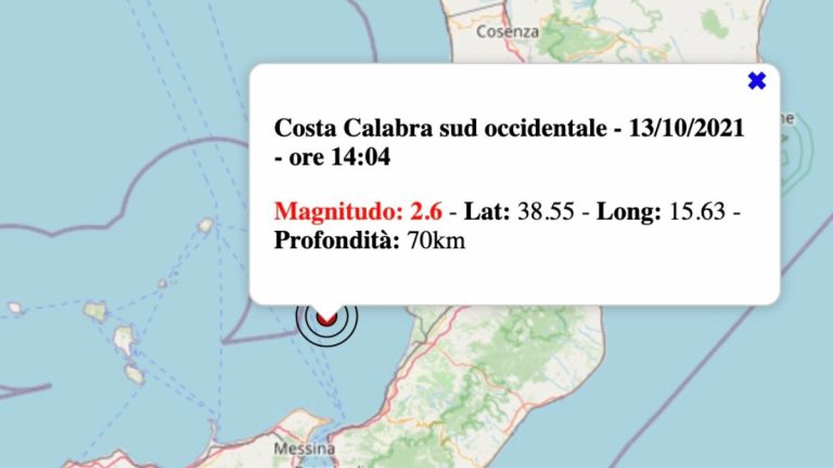 Terremoto in Calabria oggi, mercoledì 13 ottobre 2021: scossa M 2.6 | Dati INGV