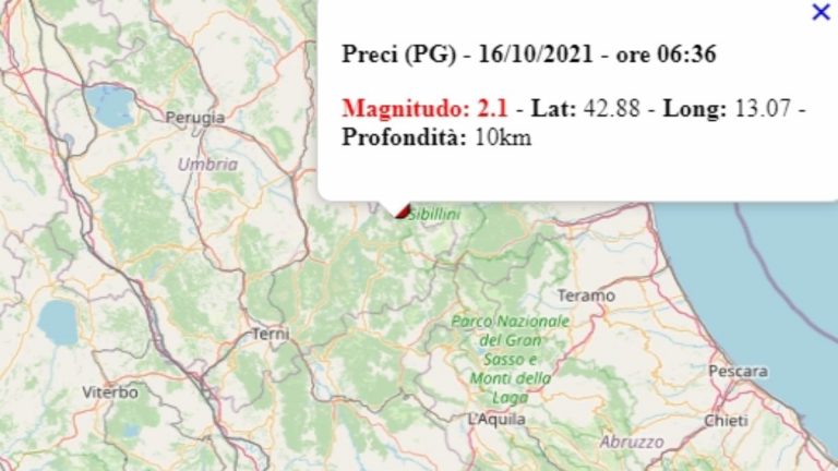 Terremoto in Umbria oggi, 16 ottobre 2021, scossa M 2.1 in provincia di Perugia – Dati Ingv