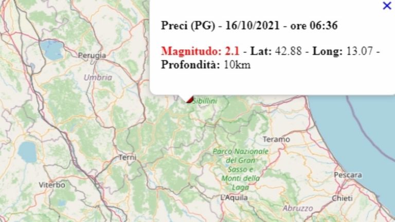 Terremoto in Umbria oggi, 16 ottobre 2021, scossa M 2.1 in provincia di Perugia – Dati Ingv Terremoto in Umbria oggi, 16 ottobre 2021, scossa M 2.1 in provincia di Perugia – Dati Ingv