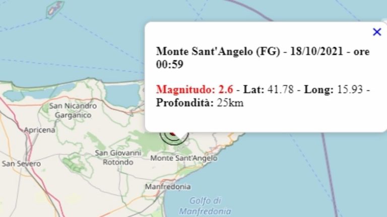 Terremoto in Puglia oggi, 18 ottobre 2021, scossa M 2.6 in provincia di Foggia | Dati Ingv