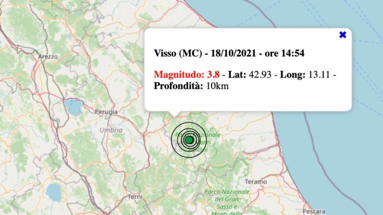 Terremoto nelle Marche oggi, lunedì 18 ottobre 2021: scossa M 3.7 in provincia di Macerata – Dati INGV Terremoto nelle Marche oggi, lunedì 18 ottobre 2021: scossa M 3.7 in provincia di Macerata – Dati INGV