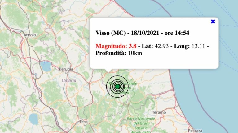 Terremoto nelle Marche oggi, lunedì 18 ottobre 2021: scossa M 3.7 in provincia di Macerata – Dati INGV