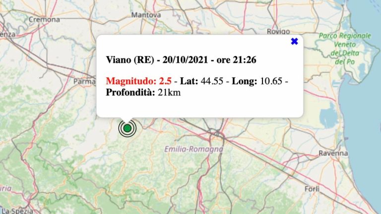 Terremoto in Emilia-Romagna oggi, mercoledì 20 ottobre 2021: scossa M 2.5 in provincia di Reggio | Dati INGV