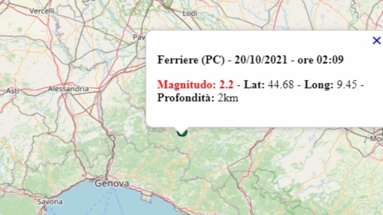 Terremoto in Emilia Romagna oggi, 20 ottobre 2021: scossa M 2.2 in provincia di Piacenza | Dati Ingv