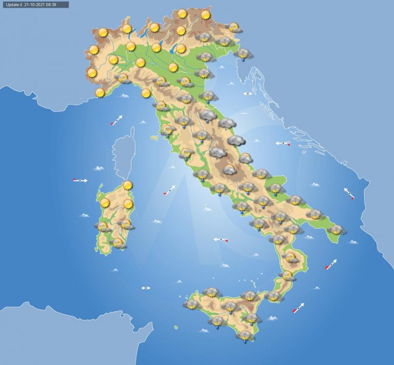 PREVISIONI METEO domani 22 ottobre: piogge e acquazzoni verso l’ITALIA centro-meridionale, migliora altrove
