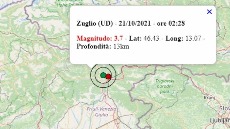 Terremoto oggi in Friuli Venezia Giulia, 21 ottobre 2021: scossa M 3.7 avvertita in provincia Udine – Dati Ingv