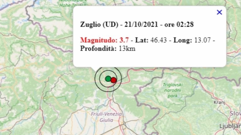Terremoto oggi in Friuli Venezia Giulia, 21 ottobre 2021: scossa M 3.7 avvertita in provincia Udine – Dati Ingv Terremoto oggi in Friuli Venezia Giulia, 21 ottobre 2021: scossa M 3.7 avvertita in provincia Udine – Dati Ingv