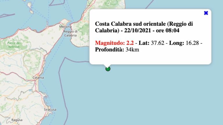 Terremoto in Calabria oggi, venerdì 22 ottobre 2021: scossa M 2.2 Costa Calabra | Dati INGV